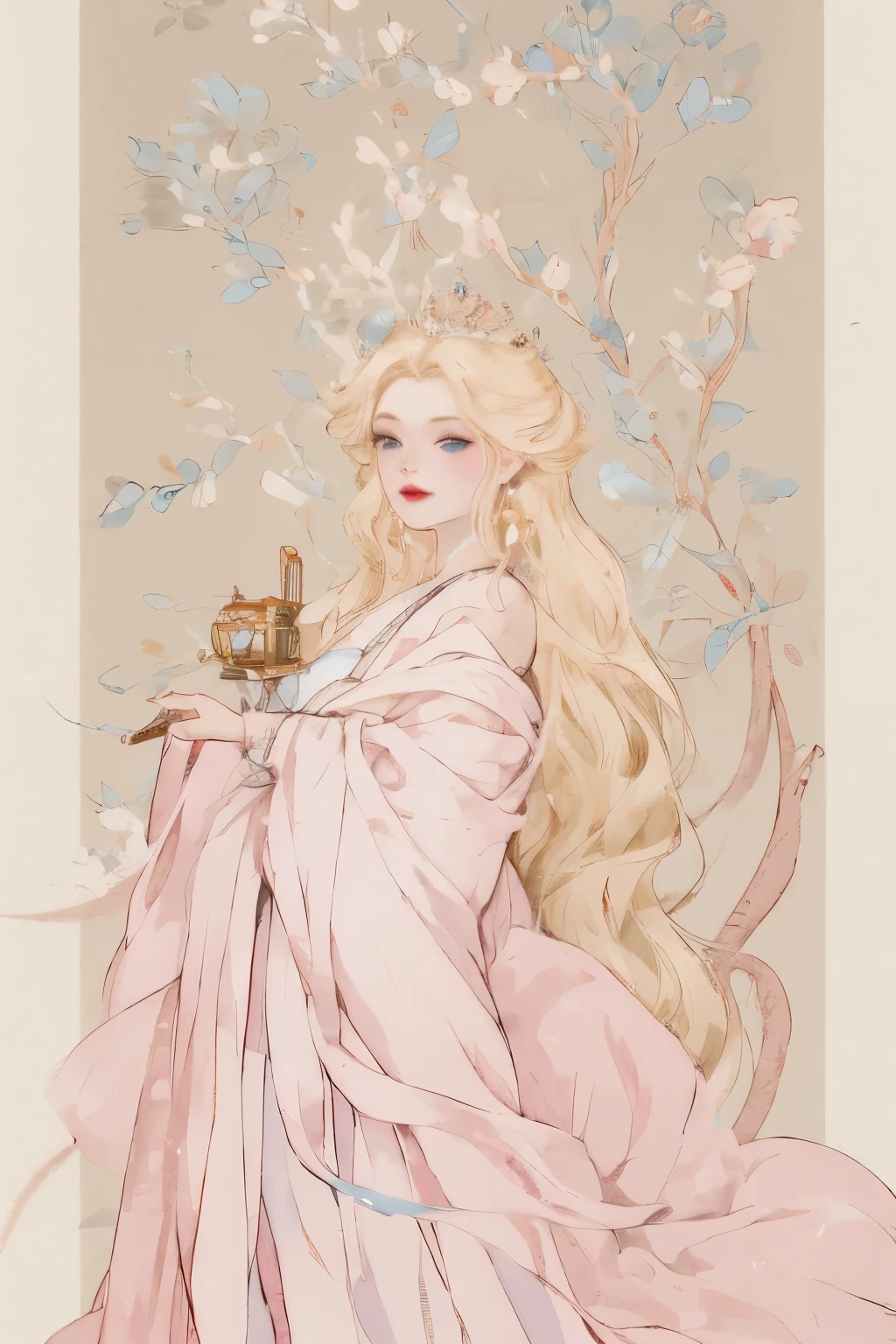 There was a woman in a white dress holding a music box, Guweiz style artwork, guweiz on pixiv artstation, guweiz on artstation pixiv, Gu Weiss, Fantasy art style, Gu Weiss masterpiece, Beautiful and elegant queen, Beautiful character painting, Detailed digital anime art, Blonde Princess, White hair, Sky blue eyes, Pink lips
