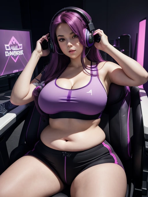 A very curvy young girl with long purple hair, sitting in gaming chair, wearing headset, sitting at gaming desk, huge thighs, chunky, wearing a magenta sports bra and tight black shorts, darker lighting, huge boobs, pretty fat