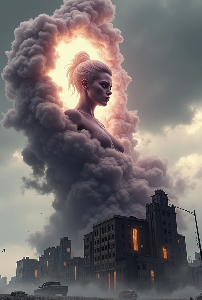 ((Purple mist and smoke shroud:1.7)), (Mysterious Fog:1.5), A visualization of an intense storm: the stormcloud takes the shape of a woman's face, obscured by the shadows and nuances of the turbulent cloud formations. From her mouth, strong winds are emitted, metaphorically speaking. These potent gusts are causing significant damage to a cityscape, reducing buildings to dust. Debris is scattered by the storm, painting a picture of the raw power of nature. However, the scene is devoid of people ensuring everyone's safety is prioritized in this imaginative depiction.