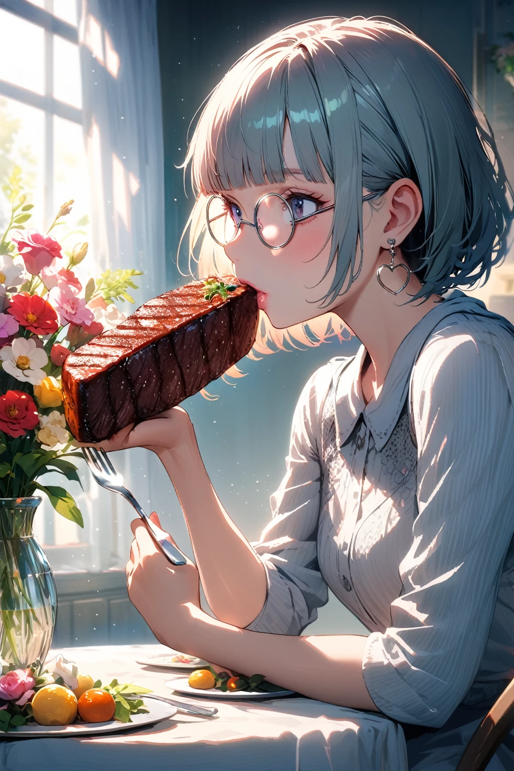 (extremely detailed fine touch:1.3), Vibrant colors, Soft tones, With warm and gentle lighting, girl, solo, (((silver semi-rimless round eyewear:1.3))), short hair, blunt bangs, heart earring, profile, tablecloth, dice steak, hold a fork in one's mouth, pink lips, vase with flowers,