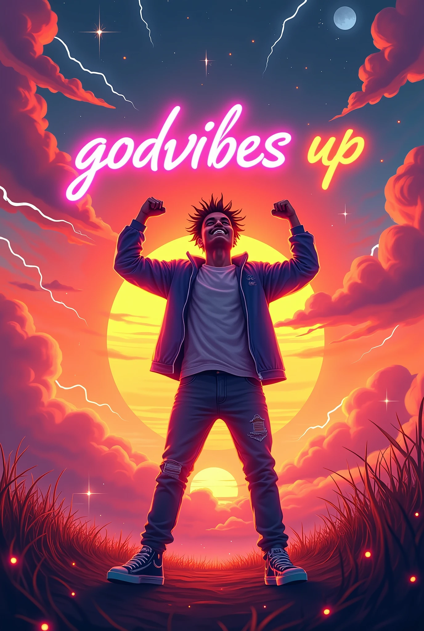 A vibrant sunset scene with orange gradients, pink and purple in the sky. A young man with a reggaeton style, in a victory pose, with brightness around it. Flames and lightning around the character, movement lines for dynamism. Radiant sun overhead and bright stars in the sky. texto "Godvibes up" in a bright, stylized font. positive and inspiring energy.