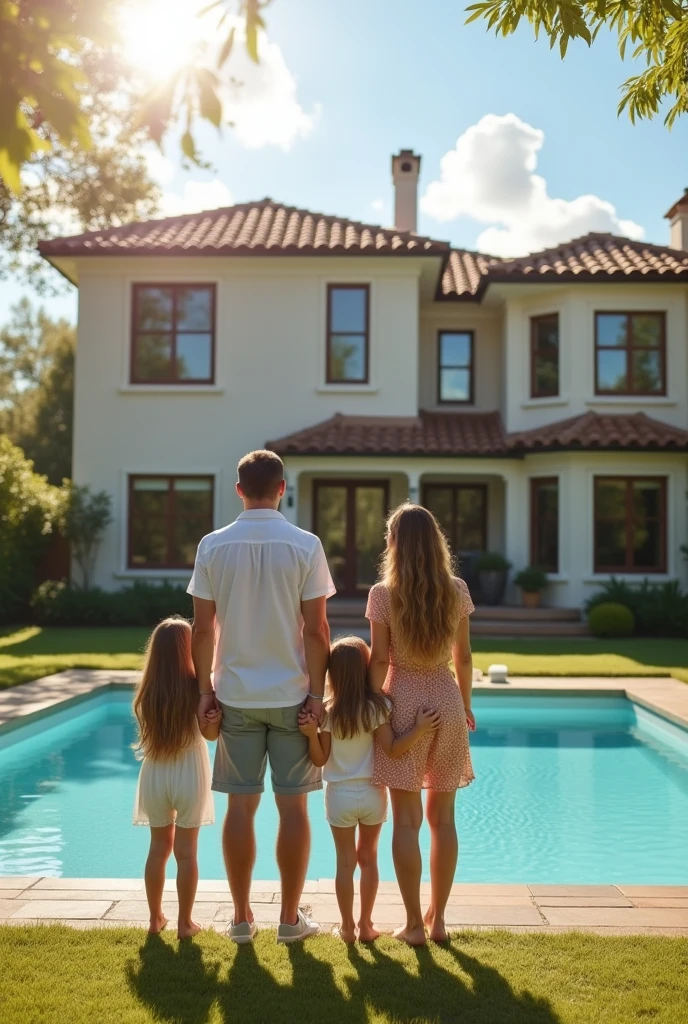 A married couple with 2 girls stand with their backs to the camera next to a luxurious two-story house with a swimming pool in sunny weather, full body