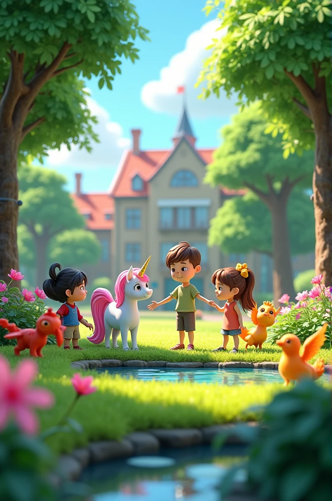 Janret in cinemetic 3d caton stail **"Third Magic Class - Befriending Magical Creatures":** A lush garden within the school grounds where children are interacting with various magical creatures like unicorns, phoenixes, and tiny dragons