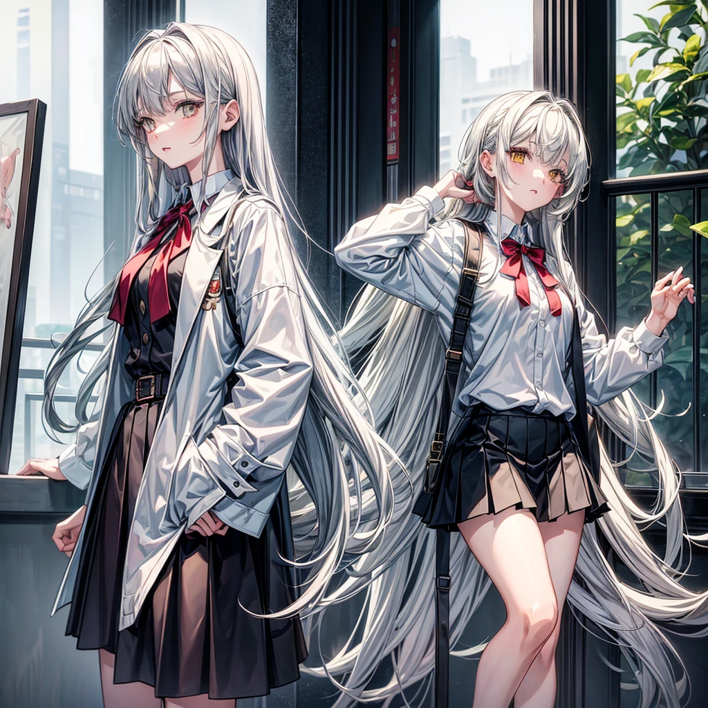 (Masterpiece) (Anime Girl) (Detailed) She has a Pale And Flawless Skin, She has a Long Gray Hair and a Yellow Eyes, For her outfit she wear a School Uniform which a White Shirt, Red Tie, School Vest and a Black Short Skirt, She also wear a Scientist cloak