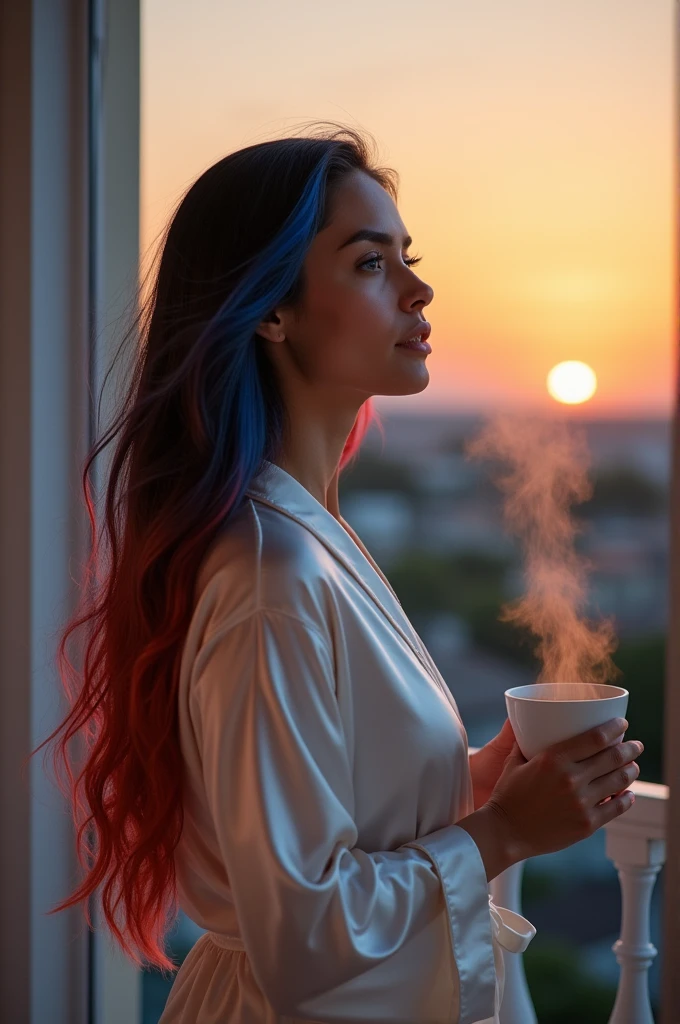 Full view 8k in a silk dressing gown, slippers outside on the balcony with cup of coffee watching the sunrise full body view,a beautiful Italian American woman, blue eyes, long black and red ombre hair with blue highlights
