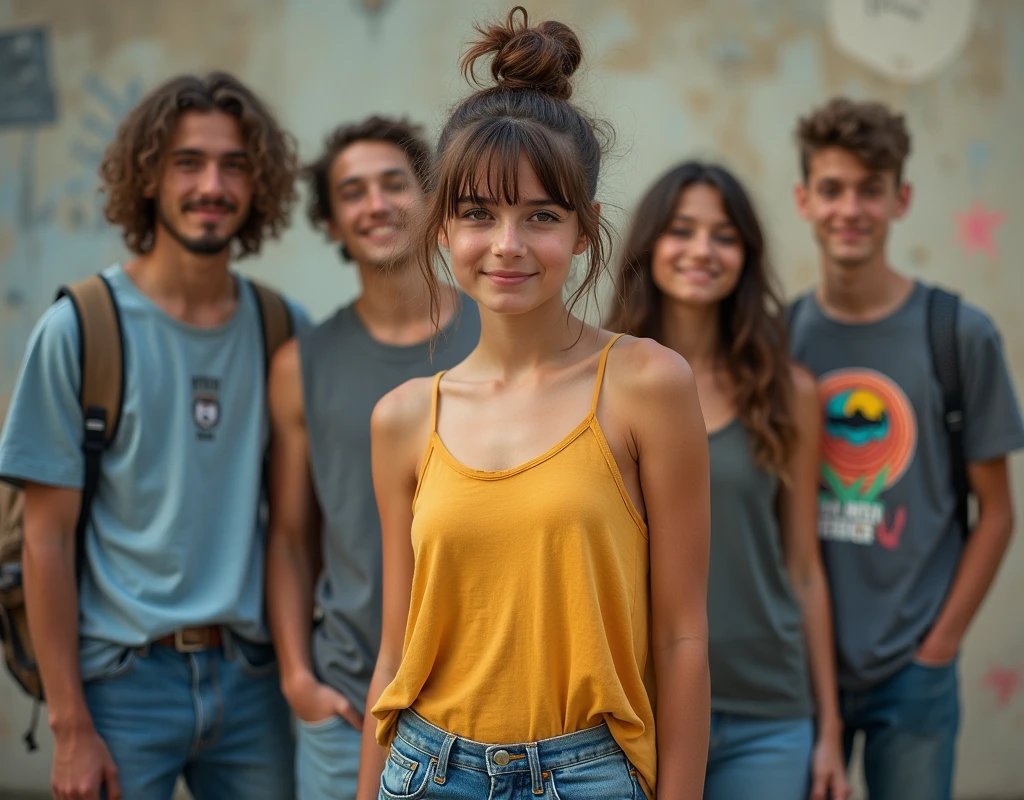 Photo of a  girl in skater fashion and her male and female friends. Everyone is wearing a tank top