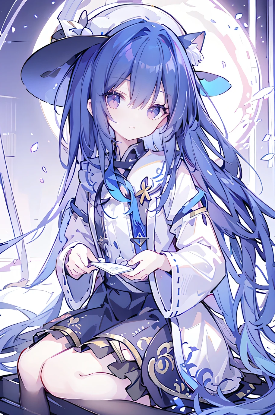 oung Girls,Humanity,A magician always smiles,big witch hat,cute,dark blue long hair,The eyes are dull,The bangs are heavy,Thin eyebrows,fantasy,intake,Double teeth,Star Theme,Constellation pattern,Solid color clothetal decoration,cloak,A bit of a dark atmosphere,A little crazy smile,When the big moon shines outside at night,blood,Hair black star embellishment,Short tie,No nails,High waist skirt,Bell sleeves,Long-sleeved shirt,Black tie,low risk,gentlemen。Mist、Yellow and white effect,Shocking pink as an accent color,(Masterpiece:1.2),Ultra-detailed,lifelike,The eyes are expressive,Fair skin,Perfect face shape,1 girl,Japanese Manga,Gorgeous blue hair,Flowing blue hair,Flowing clothes,Cat ears,Petals falling,Shy face,sitting on window,Place your hand on your lips,masterpiece, absurdres, novel cover, cover illustration, 1girl, solo, dark blue-haired ponytail, mage robes, flower background, clock background, monochrome, line drawing