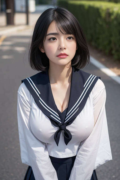 ((Melancholic expression))、((Sad face))、((Angry face))、((Crying face))、(Long black hair)、((((Looking up at the viewer))))、((Highest quality、8k、masterpiece))、Sharp focus:1.2、、((Cleavageが見える))、((Big Breasts))、(Cleavage)、masterpiece、Highest quality、Woman 1、Very detailed、The view looking up from directly below　(Short black hair)　Face seen from below　((Japanese schoolgirl))、((Summer sailor uniform))、Pleated skirt、((Big Breasts))、(Cleavage))、Under the chest、Chest seen from below　Let me me&#39;Let me&#39;Let&#39;s take a look under the sailor suit,((A slightly higher angle))、((from the front))