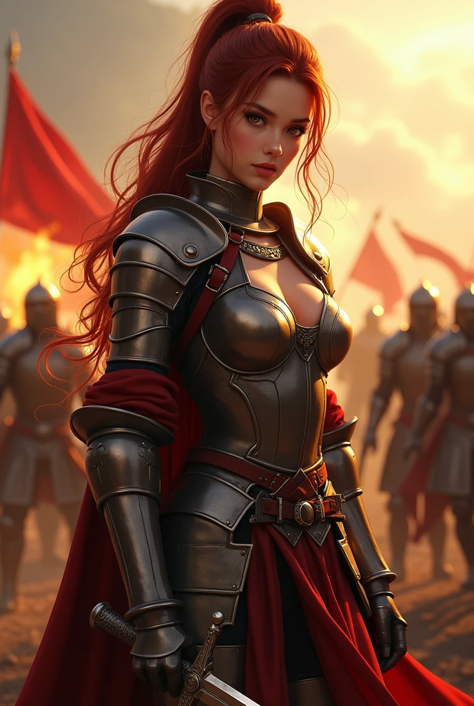 (Masterpiece, Highest quality, Highest picture quality, high resolution) 16K Photorealistic Quality Digitally painted mode Beautiful young woman with medieval fantasy theme. Long dark red hair tied in a high ponytail, light brown eyes, wearing medieval armor with a sword in hand, standing on a hot battlefield with clashing warriors behind. Glowing skin. (Unbutton and open chest, Big boobs, hot and sexy.) Standing on a hot battlefield with clashing warriors behind. Radiant skin. Sturdy, protective expression. Whole body. Lifelike pose. Perfect anatomy. Detailed skin texture. Full HD 16K HDR resolution. Perfect anatomy. Depth of field.