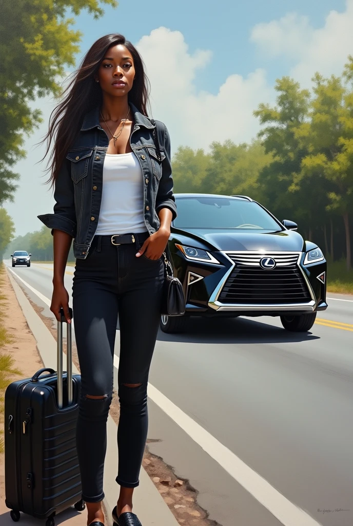 Realistic paint. A beautiful African woman with a long straight hair wearing a white shirt and a black jean trouser revealing her hips and a black jean jacket holding a black suitcase and a black handbag standing on near the express road looking for a car a black Lexus rx350 jeep parks in front of her. She is standing in front of the door of the car
A beautiful African woman happily peeping out of the window of the car and calling the  the woman standing outside 