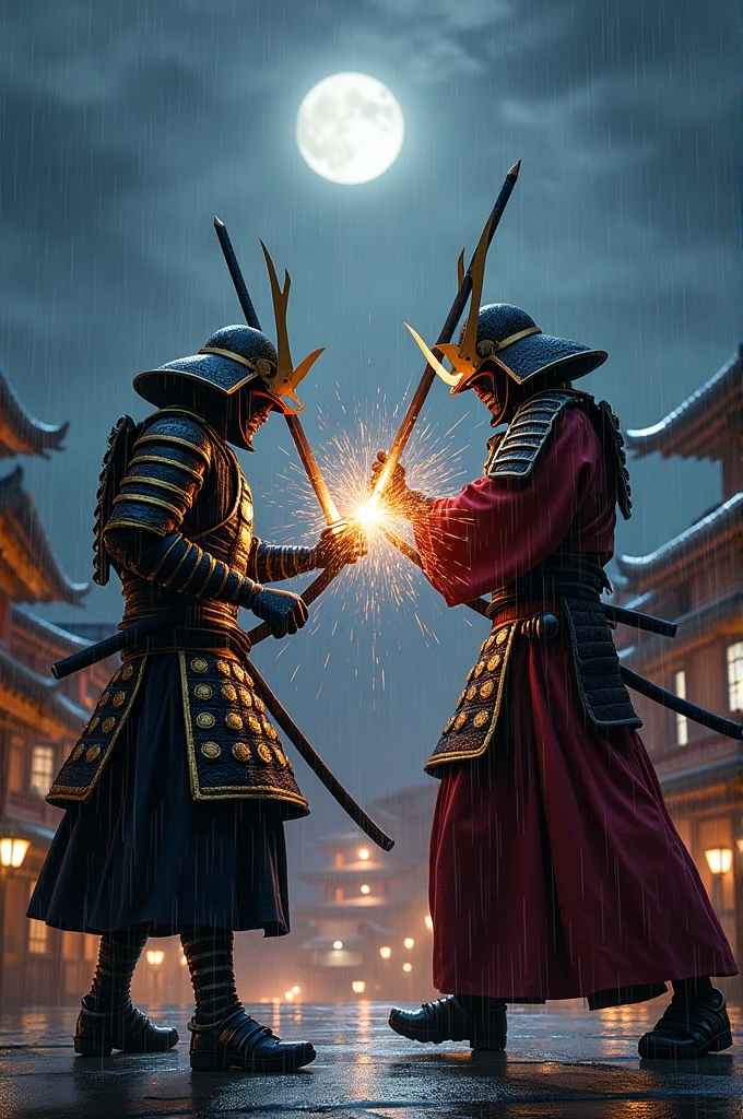 2 samurai 1 black and gold and the second red and black ( both in armor ) fighting on the roof of the building in the rain, clashing their katanas so that sparks fly ( at night, very realistic and between them 1,7 meters )