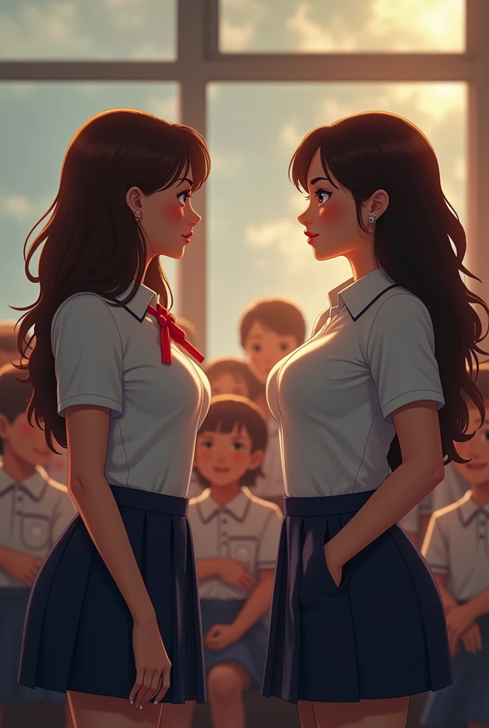 A brunette girl with big boobs
and big breasts stand , in school drees in school and show her boobs line to her mam and mam with big boobs in assembly