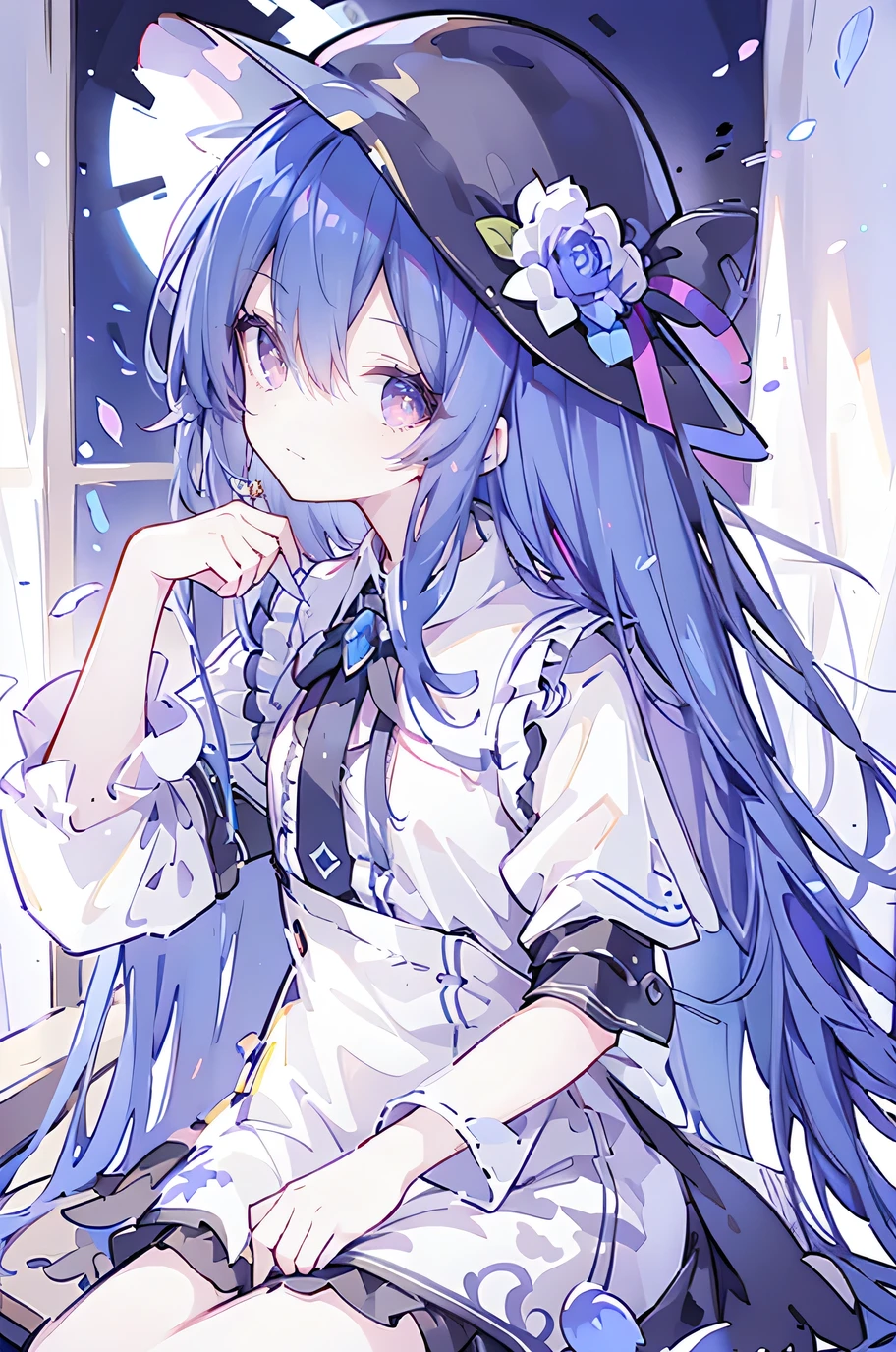 oung Girls,Humanity,A magician always smiles,big witch hat,cute,dark blue long hair,The eyes are dull,The bangs are heavy,Thin eyebrows,fantasy,intake,Double teeth,Star Theme,Constellation pattern,Solid color clothetal decoration,cloak,A bit of a dark atmosphere,A little crazy smile,When the big moon shines outside at night,blood,Hair black star embellishment,Short tie,No nails,High waist skirt,Bell sleeves,Long-sleeved shirt,Black tie,low risk,gentlemen。Mist、Yellow and white effect，Shocking pink as an accent color，(Masterpiece:1.2)，Ultra-detailed，lifelike，The eyes are expressive，Fair skin，Perfect face shape，1 girl，Japanese Manga，Gorgeous blue hair，Flowing blue hair，Flowing clothes，Cat ears，Petals falling，Shy face，sitting on window，Place your hand on your lips,masterpiece, absurdres, novel cover, cover illustration, 1girl, solo, dark blue-haired ponytail, mage robes, flower background, clock background, monochrome, line drawing