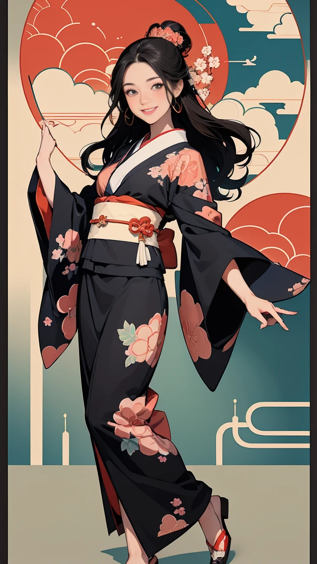 (SeaArt creates stunning illustrations of beautiful women in kimono)、Vividly colored Japanese Ukiyo-e style illustrations、A beautiful woman smiles and shows her upper white teeth、Brown-black long hair、Beautiful full body style、If you want to dance, let's dance, Tokyo Ondo, Yoi Yoi、Beautiful new digital paintings,、Bright vibrant digital anime art、 Beautiful anime portraits、background,Torii gate front of Japanese shrine、 Detailed digital anime art、