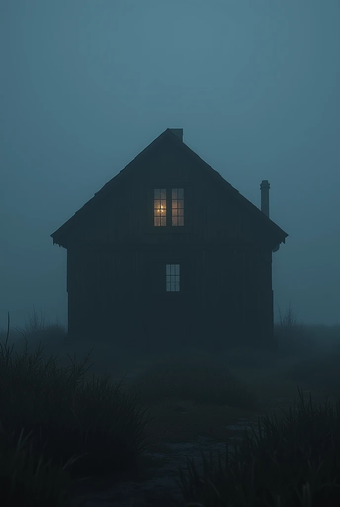 dimly lit farmhouse, with a flickering light in one window, foggy background(best quality,4k,8k,highres,masterpiece:1.2),(image size 9:16)ultra-detailed,(realistic,photorealistic,photo-realistic:1.37),HDR,UHD,studio lighting,ultra-fine painting,sharp focus,physically-based rendering,extreme detail description,professional,vivid colors,bokeh,dramatic lighting,chiaroscuro,dark shadows,dramatic atmosphere