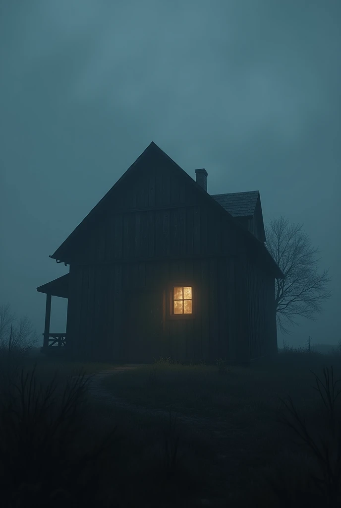 dimly lit farmhouse, with a flickering light in one window, foggy background(best quality,4k,8k,highres,masterpiece:1.2),(image size 9:16)ultra-detailed,(realistic,photorealistic,photo-realistic:1.37),HDR,UHD,studio lighting,ultra-fine painting,sharp focus,physically-based rendering,extreme detail description,professional,vivid colors,bokeh,dramatic lighting,chiaroscuro,dark shadows,dramatic atmosphere