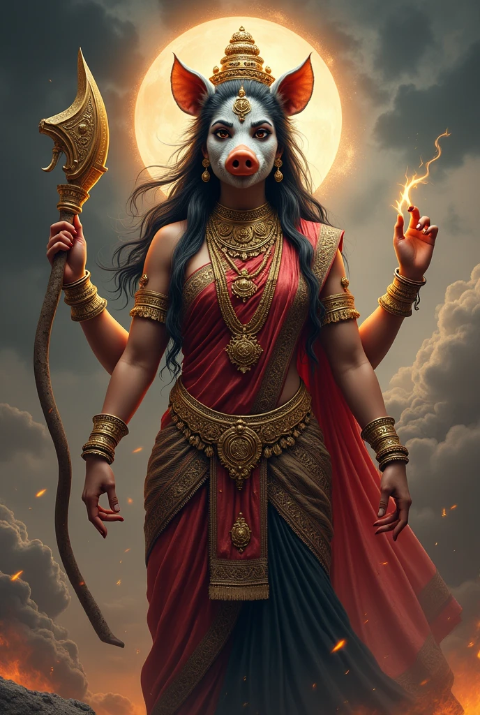 "Create an ultra-realistic image of Goddess Varahi, with a unique and divine appearance. She should be depicted with a small boar's head, harmoniously integrated with her skin tone to symbolize her strength and fierce protective nature. Her eyes should be large, expressive, and filled with wisdom and determination, giving her a vigilant and authoritative presence.

Goddess Varahi should be dressed in a richly embroidered saree in deep red or black, representing her powerful and earth-connected essence. The saree should feature intricate gold patterns and divine symbols, enhancing her regal and divine status. Her jewelry should be elaborate, with heavy necklaces, bangles, and earrings that shimmer with divine light, further emphasizing her majestic appearance.

In one hand, she should hold a mighty weapon, such as a mace, symbolizing her ability to protect and vanquish evil. Another hand might be in a protective mudra, offering safety and blessings to her devotees. The background should be a dramatic, celestial setting with swirling clouds, dark skies, and an aura of immense power radiating from her. The overall image should capture the essence of Goddess Varahi’s fierce beauty, strength, and protective energy in a highly realistic and detailed manner, with her small boar head seamlessly blending with her human features."
