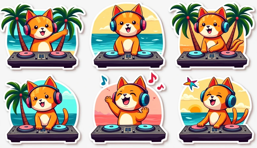 Cute stickers, DJ Cat with Headphones, Tropical beach, bright colors、Retro Classic, Easy drawing,3〜6Stickers for children ages