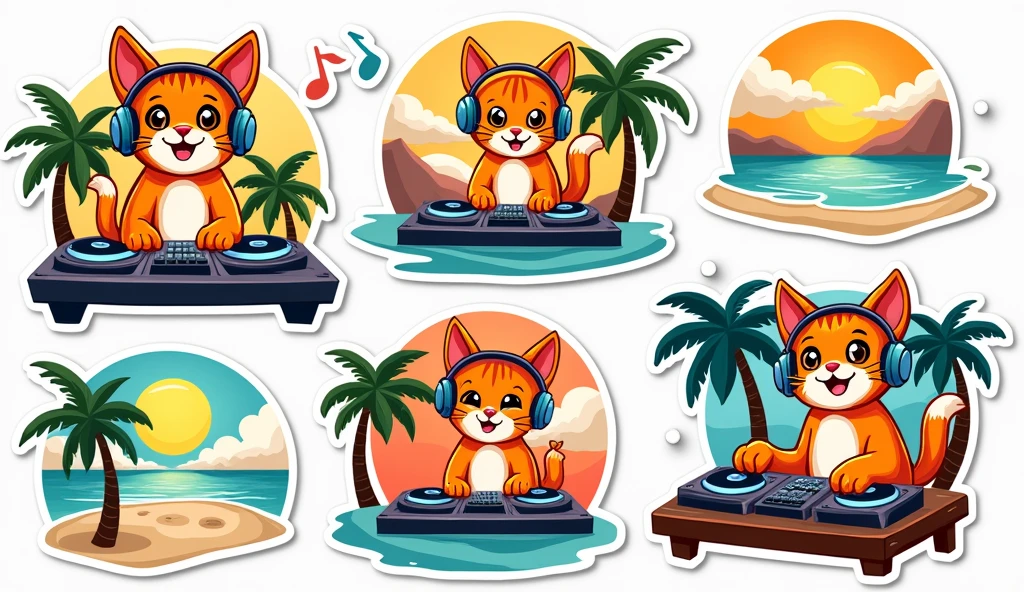 Cute stickers, DJ Cat with Headphones, Tropical beach, bright colors、Retro Classic, Easy drawing,３〜６Stickers for children ages