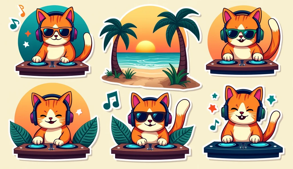 Cute stickers, DJ Cat with Headphones, Tropical beach, bright colors、Retro Classic, Easy drawing,３〜６Stickers for children ages