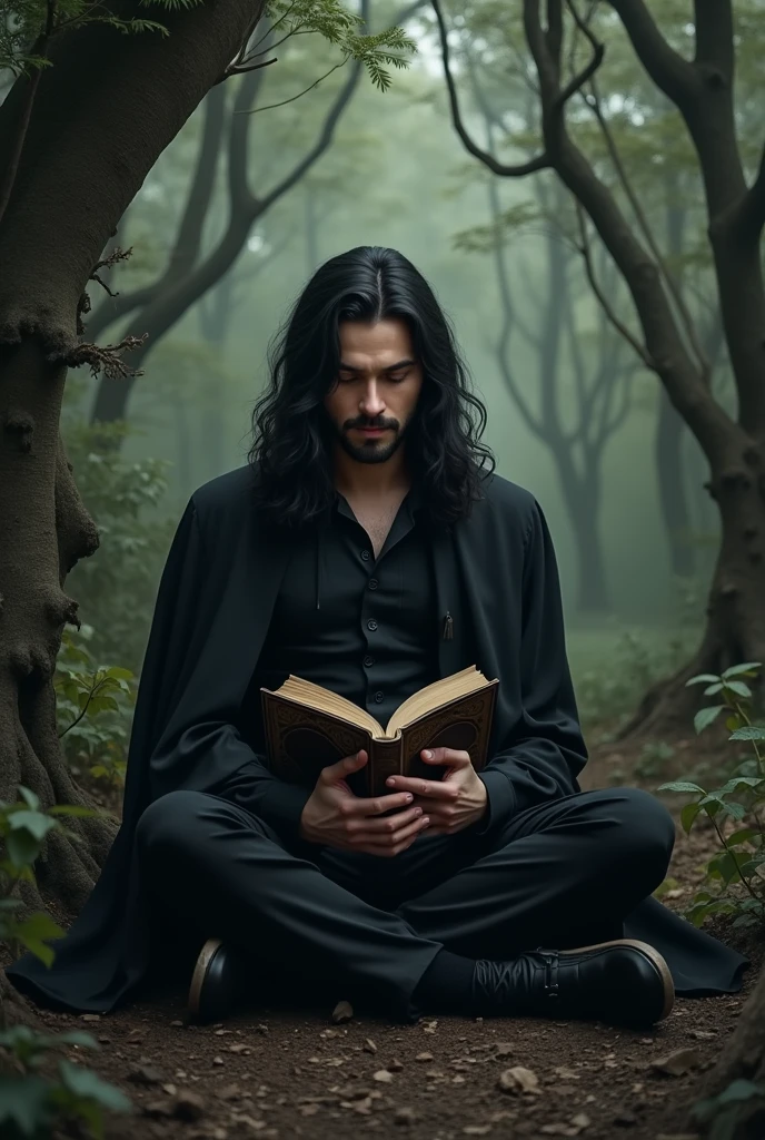 caucasian man, flowing black hair, elegant black clothes, dark forest behind, holding a book, sitdown on the floor.