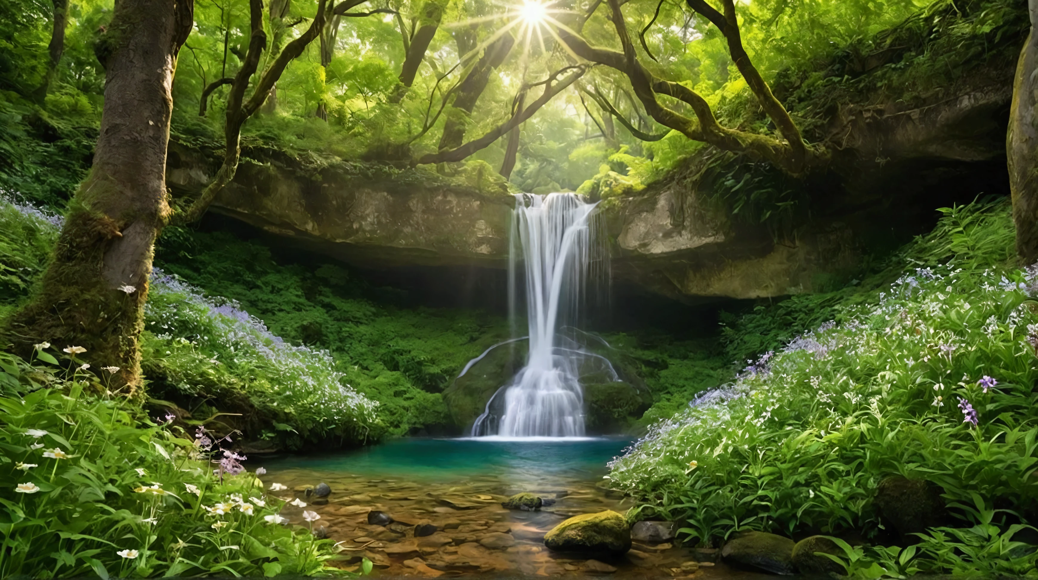 A tranquil, high-resolution image capturing the serene experience of being in a vast lush green forest. Towering emerald trees stretch towards the sky, their dense foliage creating a natural canopy. Sunlight filters through the leaves, casting dappled patterns on the forest floor. Through the gaps in the trees, a clear blue sky with fluffy white clouds is visible. In the distance, two cascading waterfalls—one large and one smaller—pour down gracefully, their white streams blending with the green surroundings. A crystal-clear stream flows gently from the base of the waterfalls, winding through a vibrant carpet of lush grass dotted with colorful wildflowers. A playful squirrel leaps across the scene while birds flutter gracefully among the trees, adding life and movement to this peaceful, nature-filled setting.