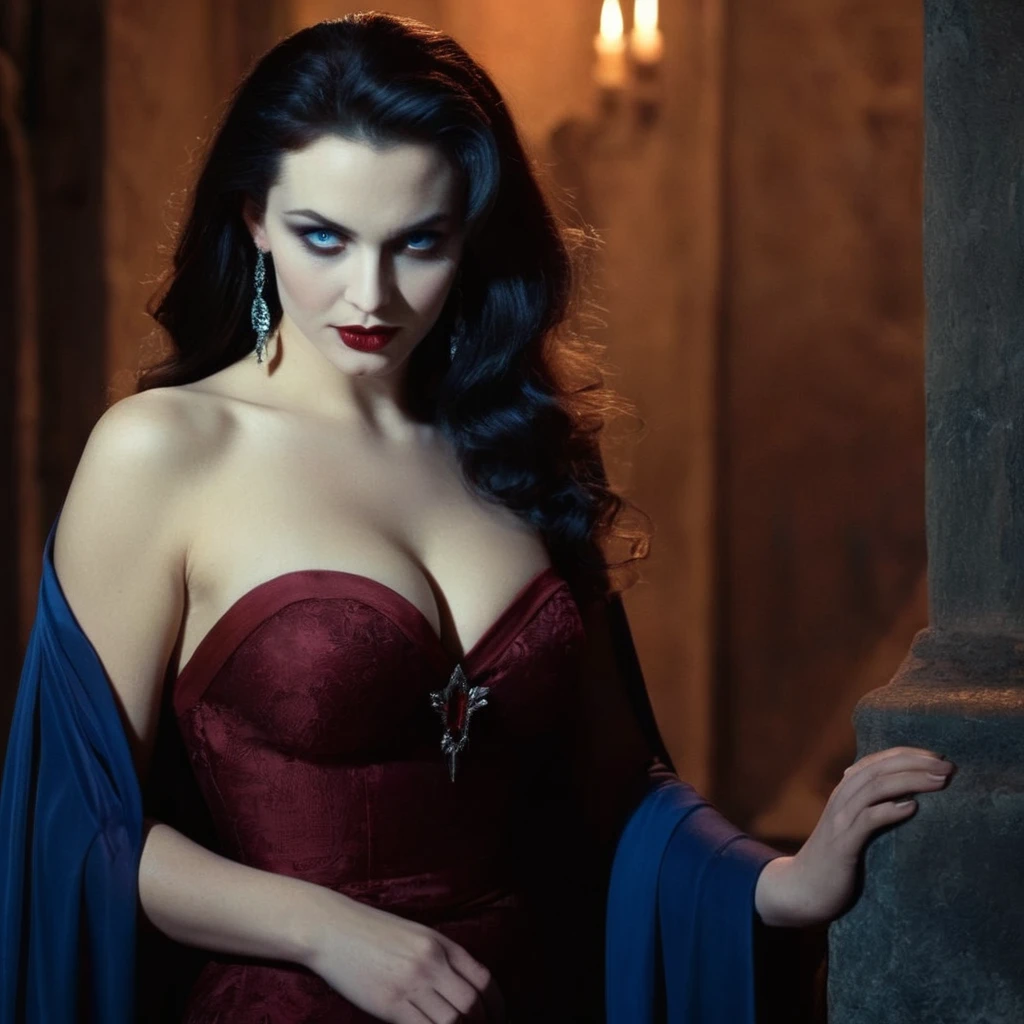 cinematic film still of Gorgons in Greek mythology Frank Frazetta painting of a gothic female vampire with an evil, seductive smile on her unparalleled beauty, protruding her fangs and gazing into the camera with dazzling blue eyes that reflect the light. The eroticism of this beautiful busty female vampire who does not lose her dignity and sexiness even when baring her fangs and craving blood will make the male sacrificed ecstatic and offer his blood., Gothic horror, vampiress, professional, vivid colors, perfect anatomy, ideal facial features, ideally proportioned figure, perfectly beautiful body, super detailed skin, glossy skin, glistening skin, fresh white skin, Glamor, soft and curvy, body conscious, upper body shot, Straight-on shot, Portrait, Shiny brunette wavy short hair, Forehead, arched eyebrows, double eyelids, blue eyes, Eyelashes, nose, nostrils, full lips, dark lipstick, glossy lips, (A slightly open whispering mouth, teeth, vampire fangs), Small Red Chalcedony Stone Piercing, Red Diamond Necklace, Deep blue satin off-shoulder dress with short hemline, neck, collarbone, deep cleavage, Upper breast swelling, Gigantic Breasts, shallow depth of field, entirety of sharp focus, vignette, highly detailed, high budget, bokeh, cinemascope, moody, epic, gorgeous, film grain, grainy, masterpiece, incredibly absurd resolution, absolutely resolution, ultra high resolution, Vampire Fangs,