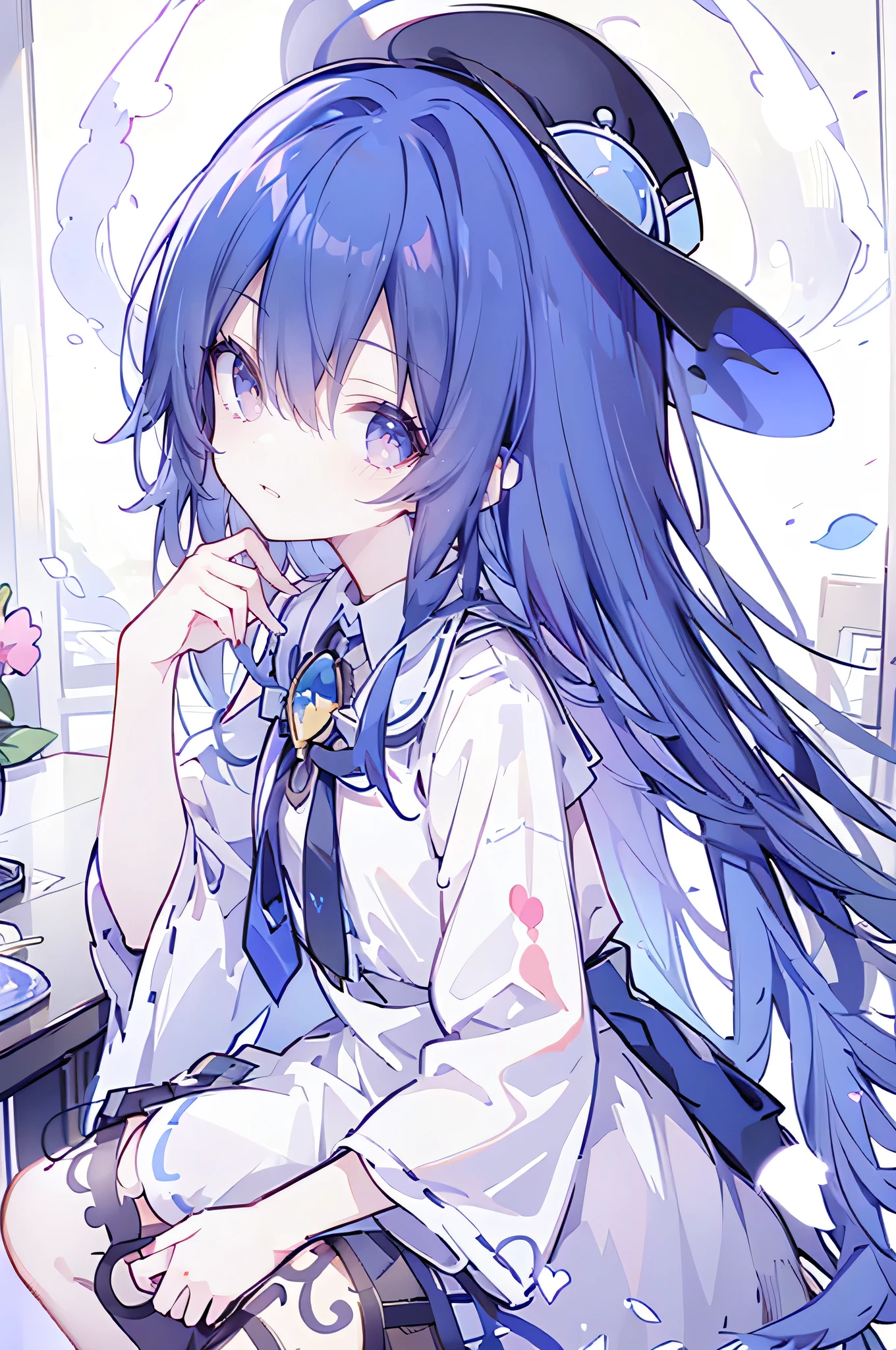 oung Girls,Humanity,A magician always smiles,big witch hat,cute,dark blue long hair,The eyes are dull,The bangs are heavy,Thin eyebrows,fantasy,intake,Double teeth,Star Theme,Constellation pattern,Solid color clothetal decoration,cloak,A bit of a dark atmosphere,A little crazy smile,When the big moon shines outside at night,blood,Hair black star embellishment,Short tie,No nails,High waist skirt,Bell sleeves,Long-sleeved shirt,Black tie,low risk,gentlemen。Mist、Yellow and white effect,Shocking pink as an accent color,(Masterpiece:1.2),Ultra-detailed,lifelike,The eyes are expressive,Fair skin,Perfect face shape,1 girl,Japanese Manga,Gorgeous blue hair,Flowing blue hair,Flowing clothes,Cat ears,Petals falling,Shy face,sitting on window,Place your hand on your lips,masterpiece, absurdres, novel cover, cover illustration, 1girl, solo, dark blue-haired ponytail, mage robes, flower background, clock background, monochrome, line drawing