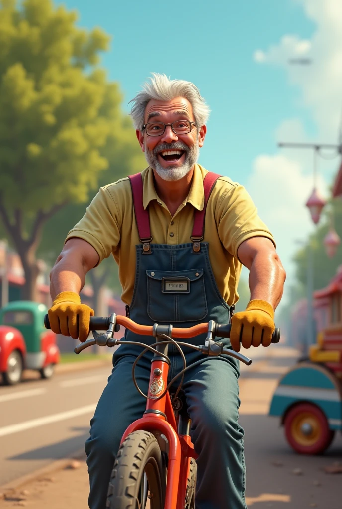 A dad was working on rides on cycling on the road he was very happy and full of energy