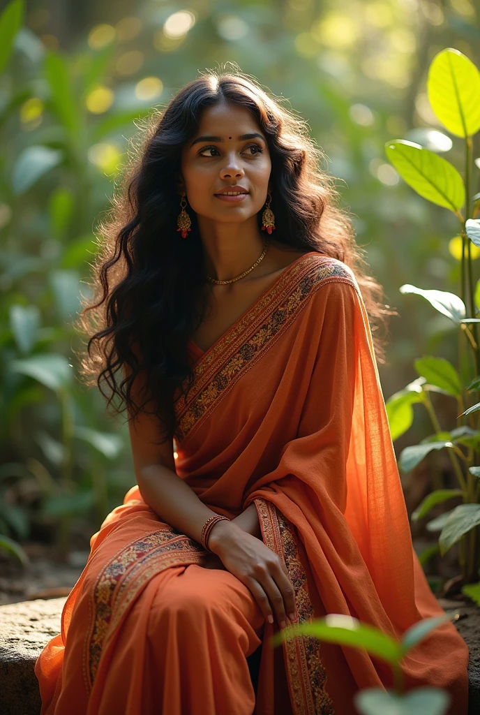 beautiful indian woman, sitting on rock in farest, wearing traditional half saree no expose dress fully, long curly hair, soft lighting, plants in background, with sunlight, relaxed pose