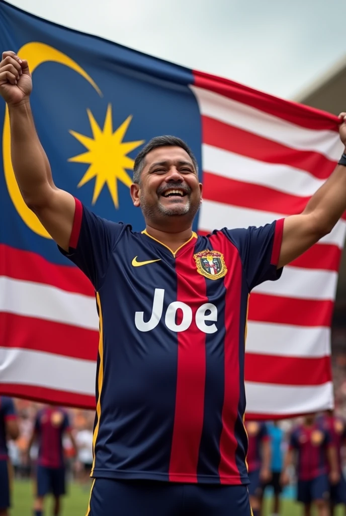 A stocky man wearing a Malaysia merdeka jersey with name tag joe holding Malaysia flag