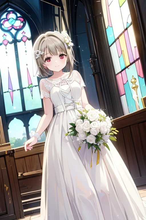 (Highest quality,masterpiece)、One Girl、alone、cute、 smile、Detailed Background、lovelive、nakasu kasumi、church、Standing posture、Pure white wedding dress、Stained glass、Long skirt