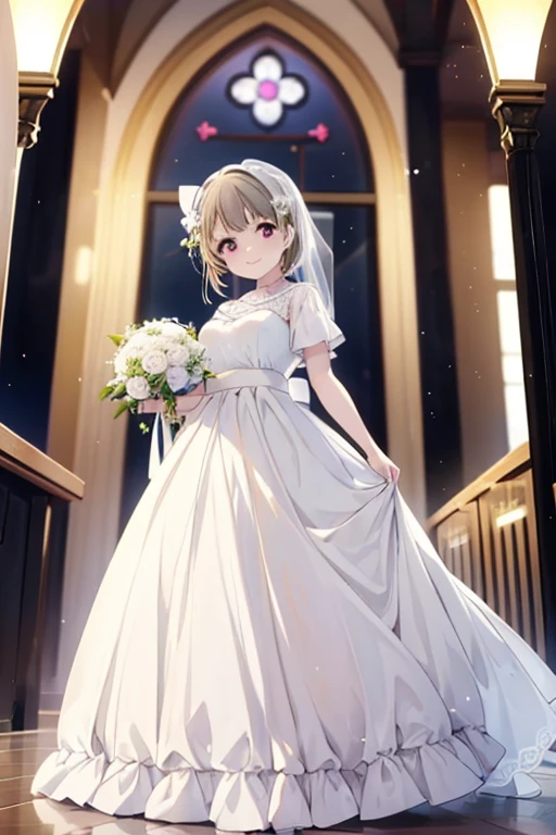 (Highest quality,masterpiece)、One Girl、alone、cute、 smile、Detailed Background、lovelive、nakasu kasumi、church、Standing posture、Pure white wedding dress、Stained glass、Long skirt