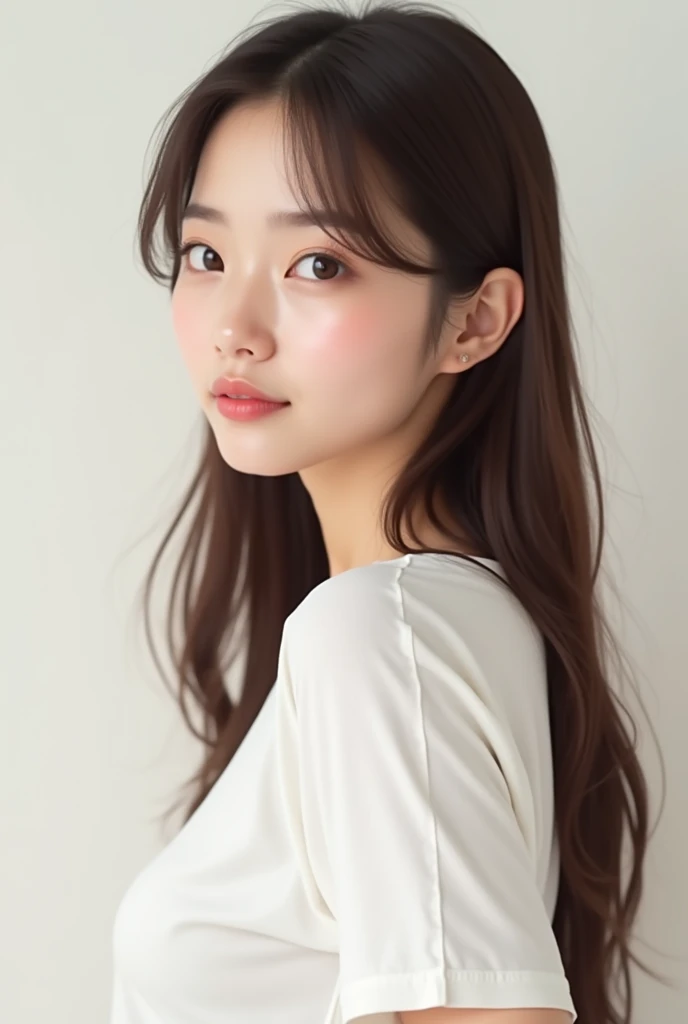 軽めのLayer Styles、human、Transparent woman、young、White T-shirt、Reduces neck volume、Fair-skinned pretty woman、No blunt ends、Layer Styles、Gourd Shape、Body is at an angle、looking at the camera、Tilt your head、Hair that does not curl and reaches below the collarbone、Brown color、Outline of an inverted triangle、Big eyes、Smile a little、Straight hair、high resolution、Classy woman、Pull your chin in、A sophisticated and stylish atmosphere