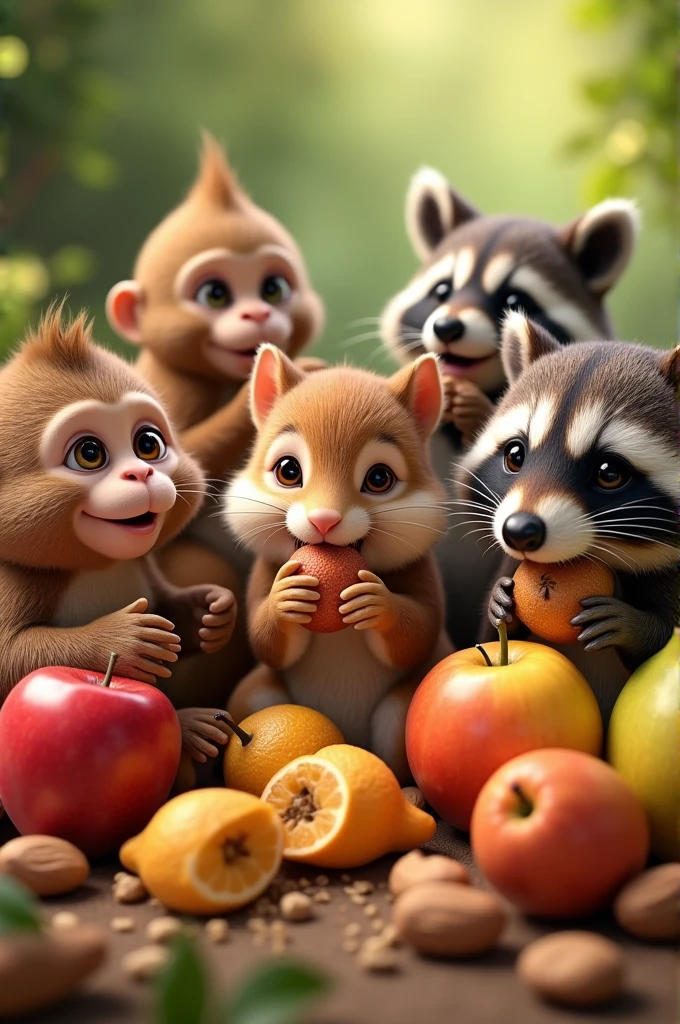 A close-up of animals enjoying delicious fruits and nuts.**
