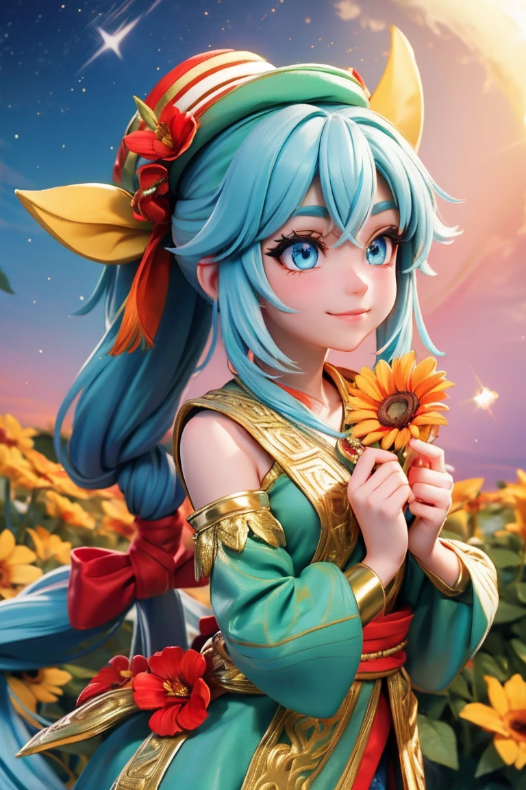an animated character. a cute face girl, in the fantasy town, warm tone color , colourful long ponytail hair, haft body, mythology clothing greek style, gorgeous hat, flowers vine, wise colorful eyes, fantsy sky, full of flowers, shining star, Happy face feeling, wonderland mood and tone.