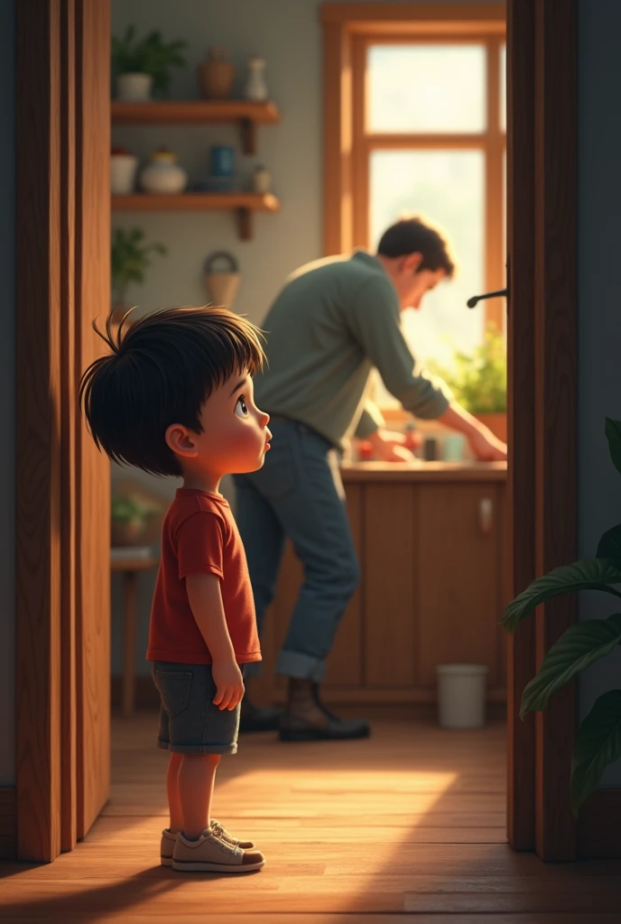 : A young boy standing by a door, peeking into a room where his father is working. The boy has a curious expression on his face.
