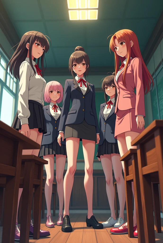 perfect anime illustration, multiple girls, thousands of girls, millions of girls, clones, identical sisters, neat rows of sisters, neat columns of sisters, sisters standing in formation, sisters in background, brown hair, curly hair, matching hairstyle, hazel eyes, smiling, ((matching outfits, pink uniform, pink high heels)), matching hairstyles, white background, highres, full body, pose