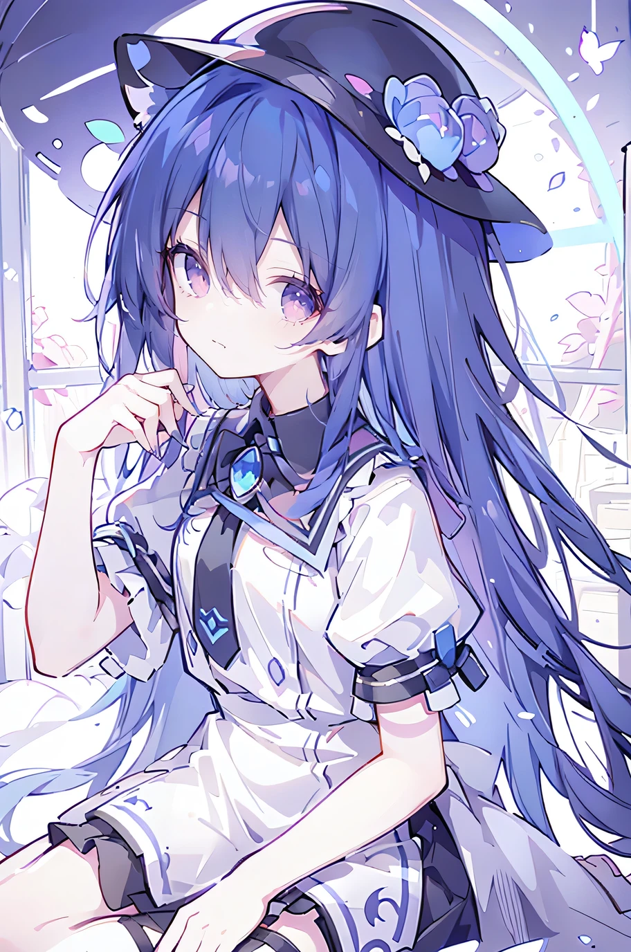 oung Girls,Humanity,A magician always smiles,big witch hat,cute,dark blue long hair,The eyes are dull,The bangs are heavy,Thin eyebrows,fantasy,intake,Double teeth,Star Theme,Constellation pattern,Solid color clothetal decoration,cloak,A bit of a dark atmosphere,A little crazy smile,When the big moon shines outside at night,blood,Hair black star embellishment,Short tie,No nails,High waist skirt,Bell sleeves,Long-sleeved shirt,Black tie,low risk,gentlemen。Mist、Yellow and white effect,Shocking pink as an accent color,(Masterpiece:1.2),Ultra-detailed,lifelike,The eyes are expressive,Fair skin,Perfect face shape,1 girl,Japanese Manga,Gorgeous blue hair,Flowing blue hair,Flowing clothes,Cat ears,Petals falling,Shy face,sitting on window,Place your hand on your lips,masterpiece, absurdres, novel cover, cover illustration, 1girl, solo, dark blue-haired ponytail, mage robes, flower background, clock background, monochrome, line drawing