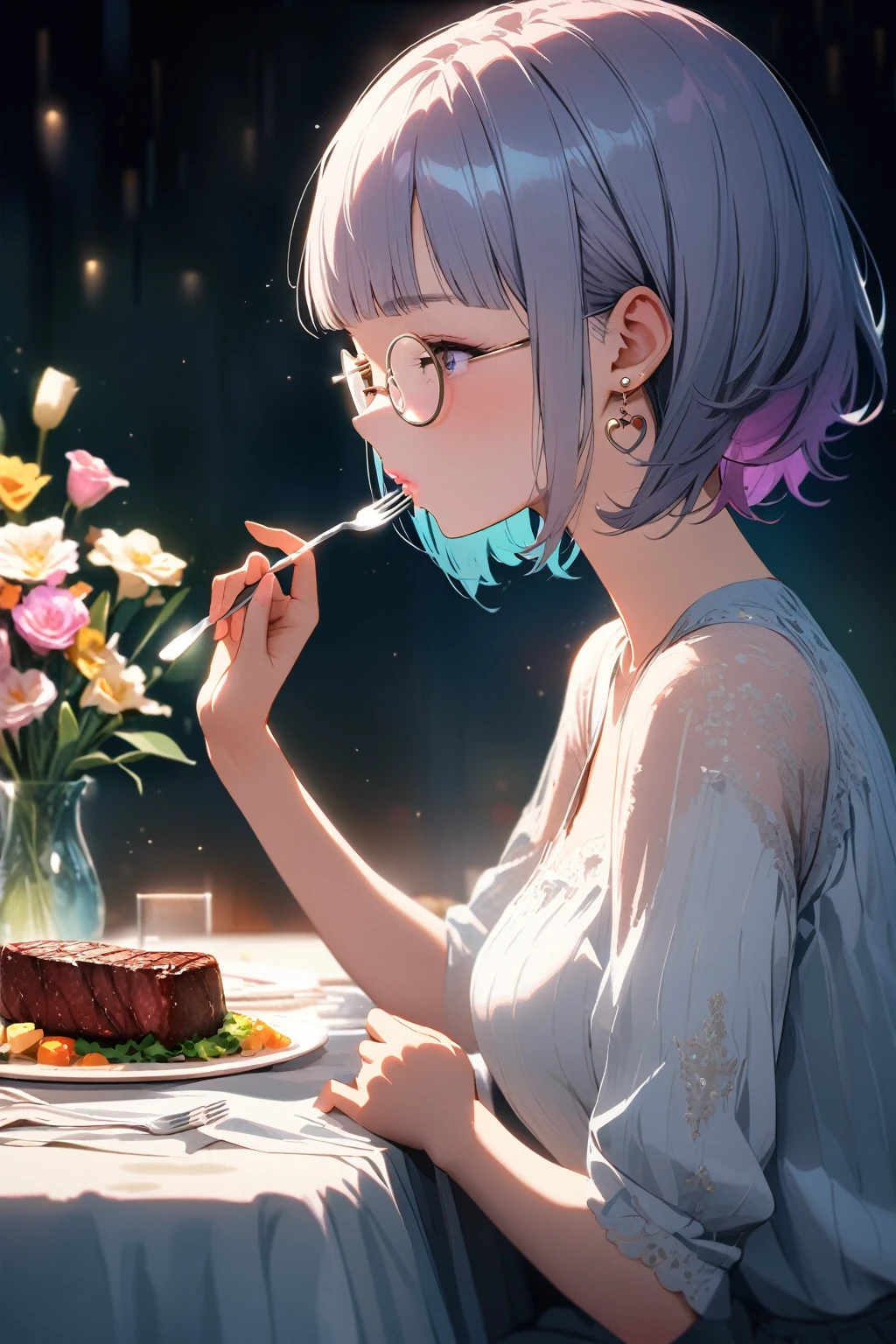 (extremely detailed fine touch:1.3), Vibrant colors, Soft tones, With warm and gentle lighting, girl, solo, (((silver semi-rimless round eyewear:1.3))), short hair, blunt bangs, heart earring, profile, tablecloth, dice steak, sucking fork, pink lips, vase with flowers, 