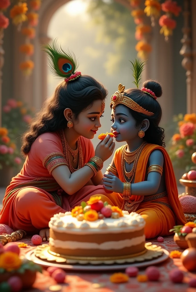 Janmashtami uski maa Krishna sir pakh hath bansuri ko pyar se cake khilathe huye background birthday pure tayar ho Krishna samne dekh huye
