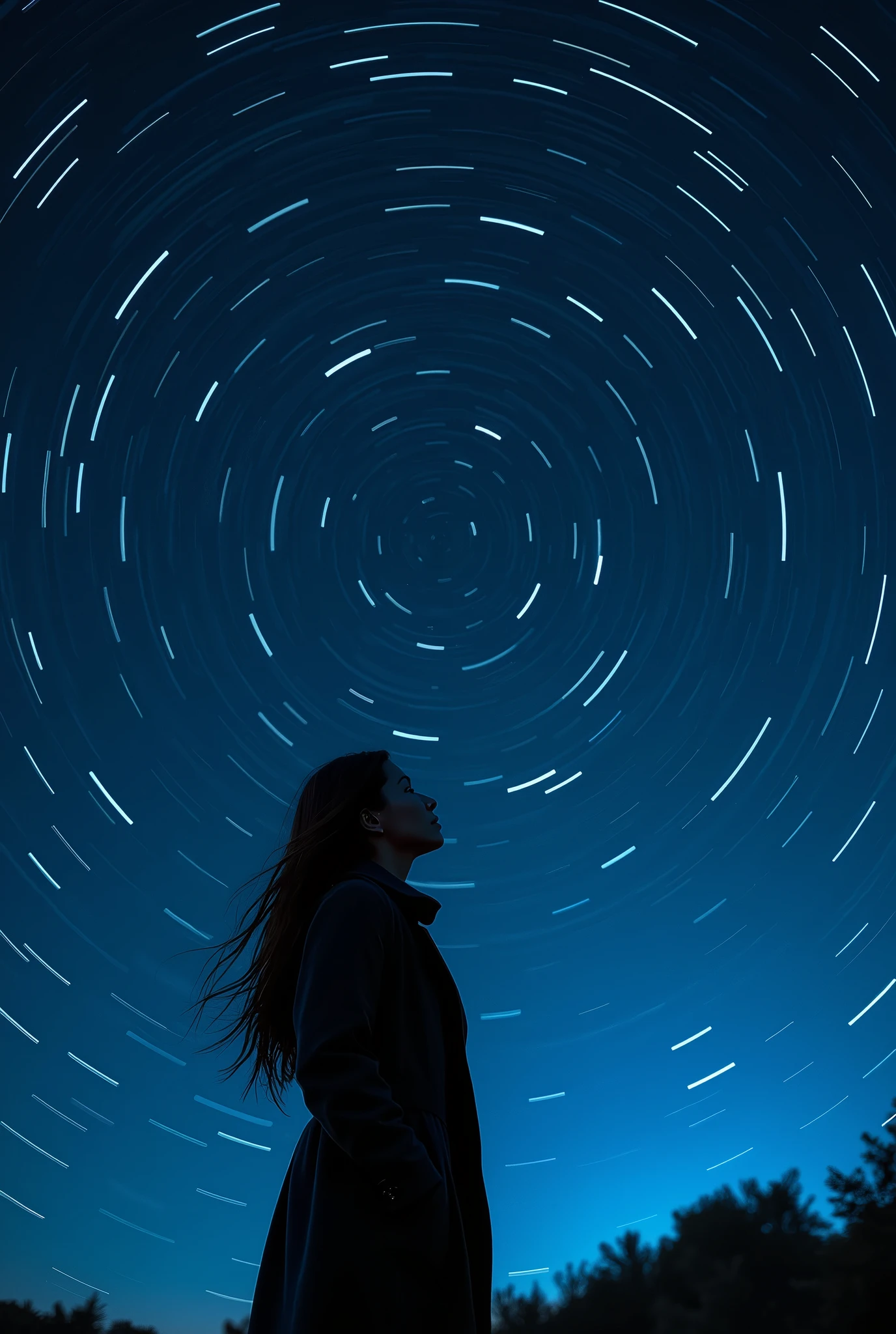 long exposure starry sky with many circular orbits, focus at stars,silhouette of a young woman with long hair with her hands in her coat pockets looking up at it,golden ratio