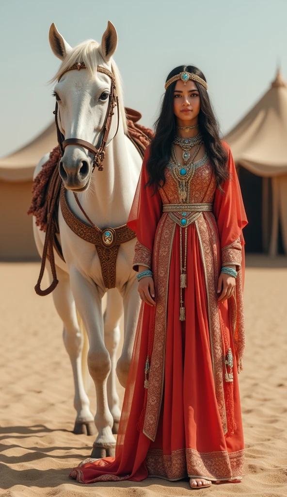 Front view ,Full-body, standing pose, on sand, near sultan tent, ((White Arabian horse, decoration horse harness:1.5)), a Persian ancient girl, looking at viewer, exotic Persian girl is 20 years old, (Black hair ,long hair, Brown eye, (Her eyes were outlined with kohl:1.3) , little Lips, smile, Gorgeous head band with jewel), (middle breasts, middle hip), (She wore a knee-length light red gorgeous design red gown adorned with intricate embroidery, complemented by light blue bangles and necklaces. A second, longer shawl covered her head and shoulders, Kaunakes ), (framing her face like a White see-through veil), gorgeous sandal, ((Surrealism, UHD, retina, masterpiece, anatomically correct, accurate, textured skin, super detail, high details, high quality, best quality, 8k))