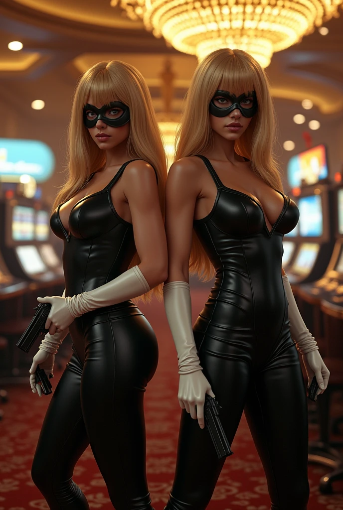 2 famme qui porte une tenue moulante en cuir avec des gants blan et Lons et qui porte une perruque de cheveux long blonde et qui porte une cagoule et qui fait un braquage dans un casino pour ramasser des objets de valeur avec des sac avec des pistolet
