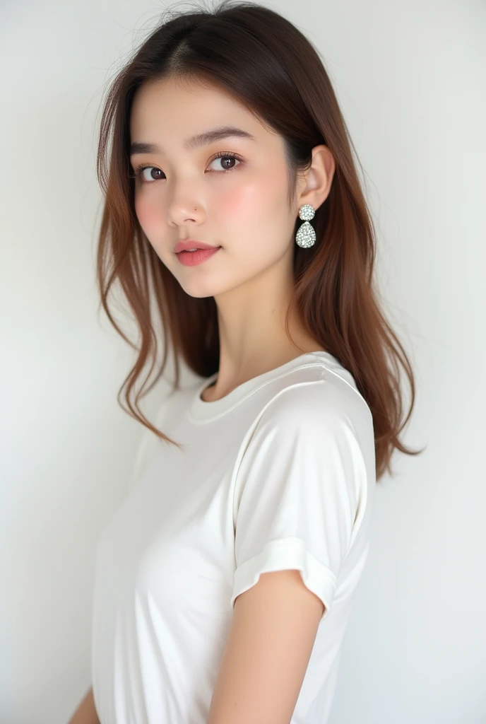 軽めのLayer Styles、human、Transparent woman、young、White T-shirt、Reduces neck volume、Fair-skinned pretty woman、No blunt ends、Layer Styles、Gourd Shape、Body is at an angle、looking at the camera、Tilt your head、Hair that does not curl and reaches below the collarbone、Brown color、Outline of an inverted triangle、Big eyes、Smile a little、Straight hair、high resolution、Classy woman、Pull your chin in、A sophisticated and stylish atmosphere、Diamond earrings