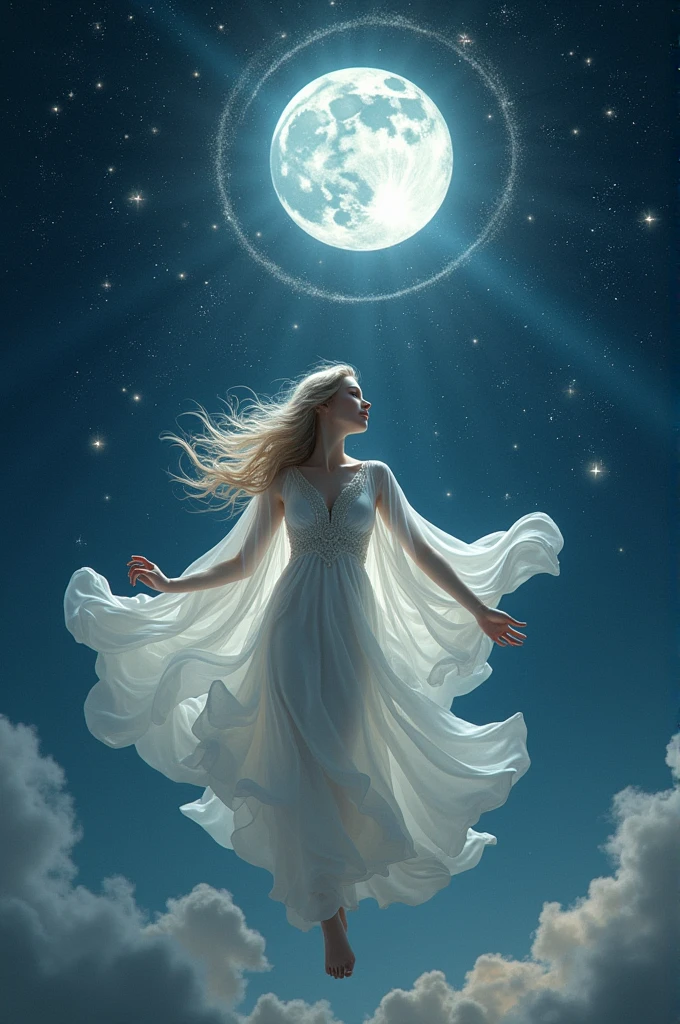 goddess of the moon is dancing above the stars