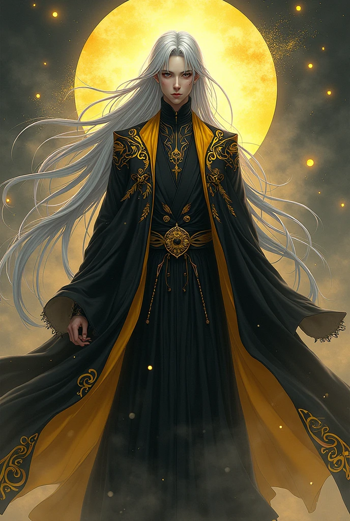 silver hair, Long hair, Black-yellow eyes, Black and yellow robe, gorgeous, indifferent, man, white streaked hair, ahoge, hair over shoulder, very long hair, asymmetrical bangs, hair spread out, crazy eyes, devil eyes, expressionless, robe, character chart, tachi-e, panorama, Genshin Impact Style, super detail, Full body portrait, Vision, Gorgeous robe