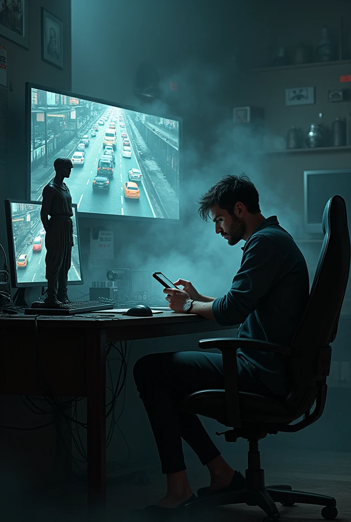 Anjaam Pathira movie psycho home with lot of hacking devices and a statue of blind law in table. a man sadly sit in front of the table in a chair with a wakitaki and see the wall cctv screen showing city traffic jam. img taken from partial side. want man face angel view
. need dark smoky background.