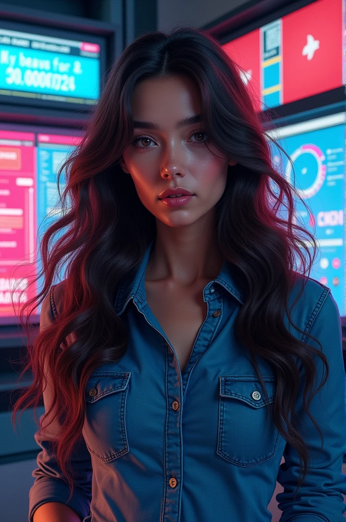 Woman with long hair and denim shirt in front of a comic book style computer 