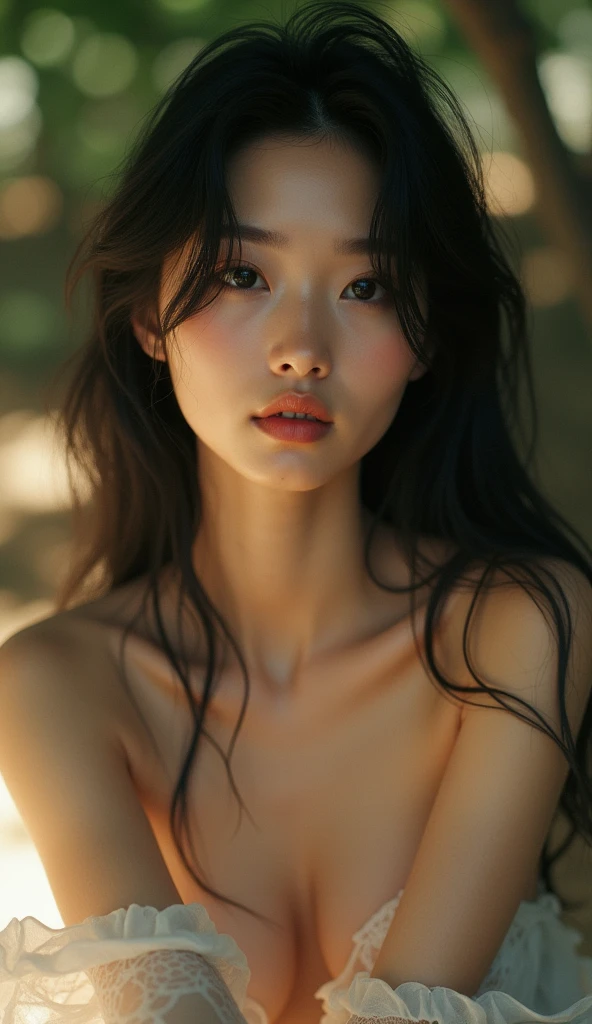 A fair-skinned Japanese woman crawling on all fours。Your chest is completely visible。昼の明かりのliving。living。Selfie style。
